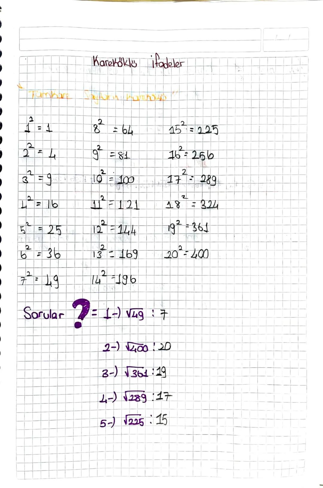 Tumhare
# Kareköku ifadeler

$1^2=1$
$8^2=64$
$15^2=225$

$2^2=4$
$9^2 = 81$
$16^2=256$

$3^2=9$
$10^2 = 100$
$17^2=289$

$4^2=16$
$11^2=121