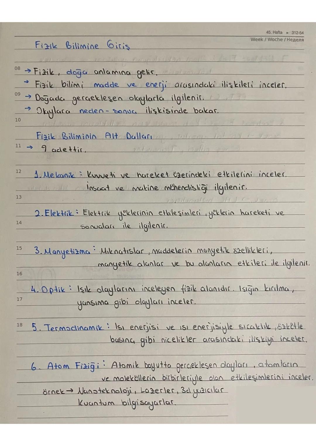 Fizik Bilimine Giriş

45. Hafta 312-54
Week/Woche / Неделя
08 Fizik, doğa anlamına gelir.
→
Fizik bilimi madde ve enerji arasındaki ilişkile