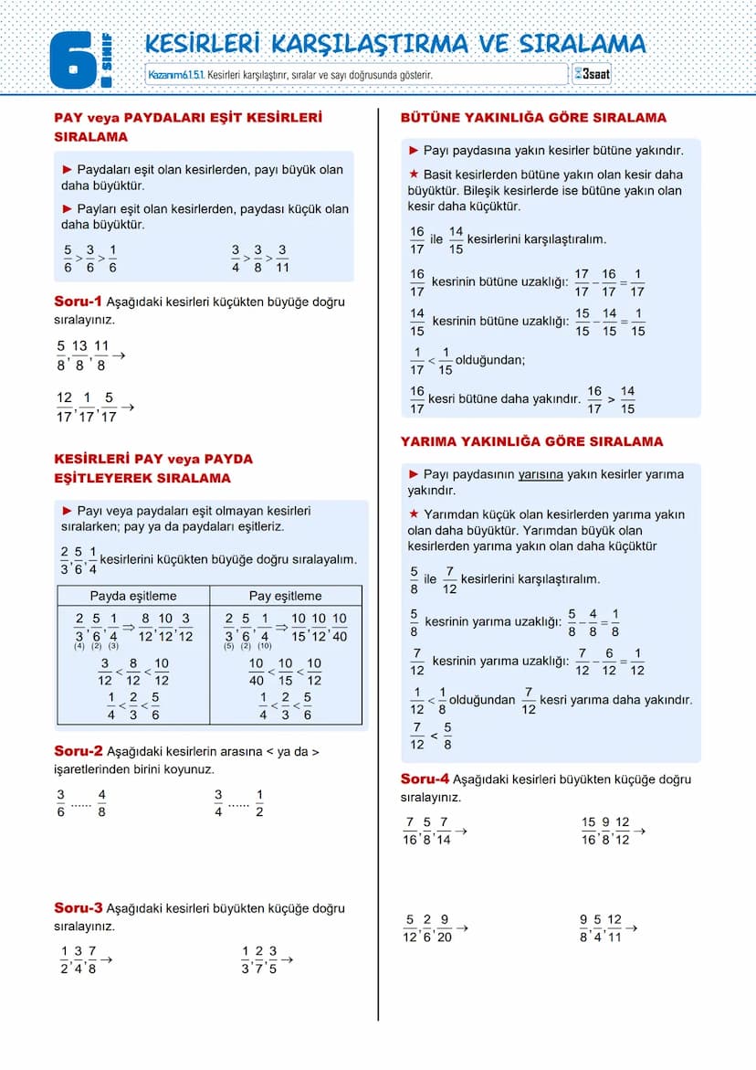 ■ SINIF
KESİRLERİ KARŞILAŞTIRMA VE SIRALAMA
Kazanım6.1.5.1. Kesirleri karşılaştırır, sıralar ve sayı doğrusunda gösterir.
PAY veya PAYDALARI
