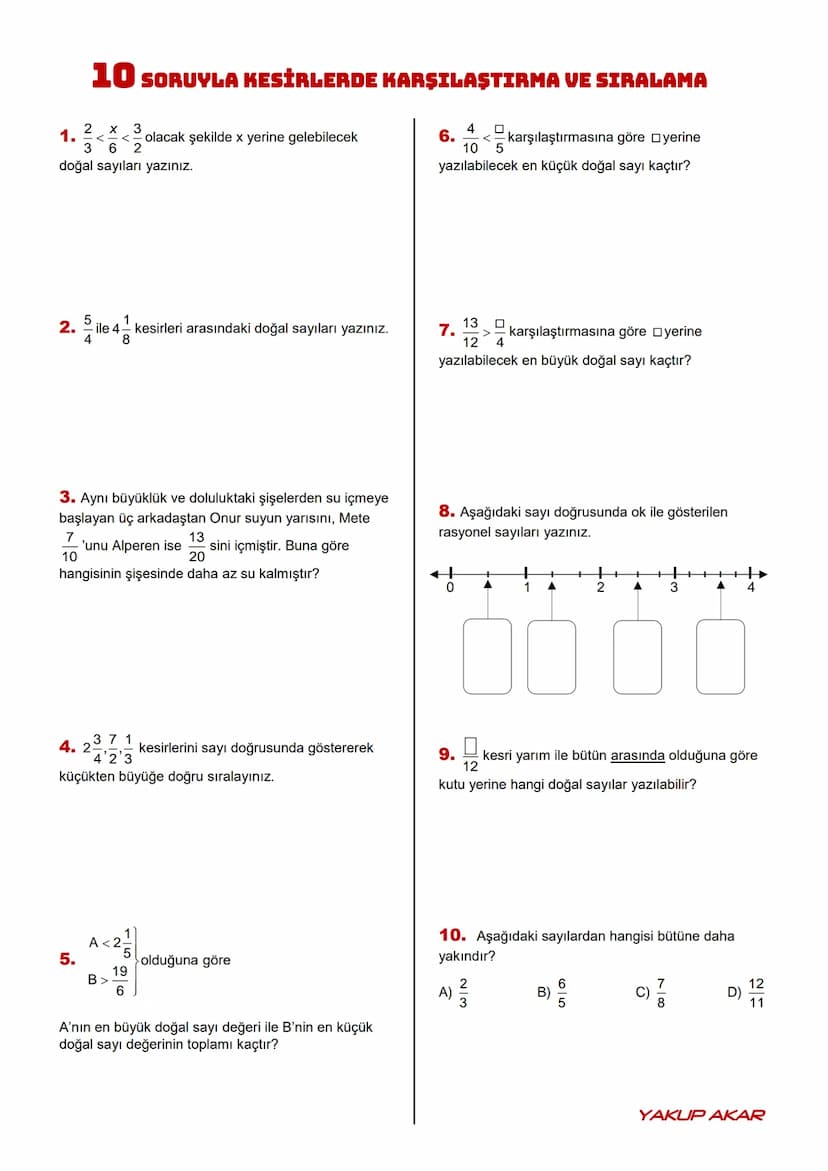■ SINIF
KESİRLERİ KARŞILAŞTIRMA VE SIRALAMA
Kazanım6.1.5.1. Kesirleri karşılaştırır, sıralar ve sayı doğrusunda gösterir.
PAY veya PAYDALARI