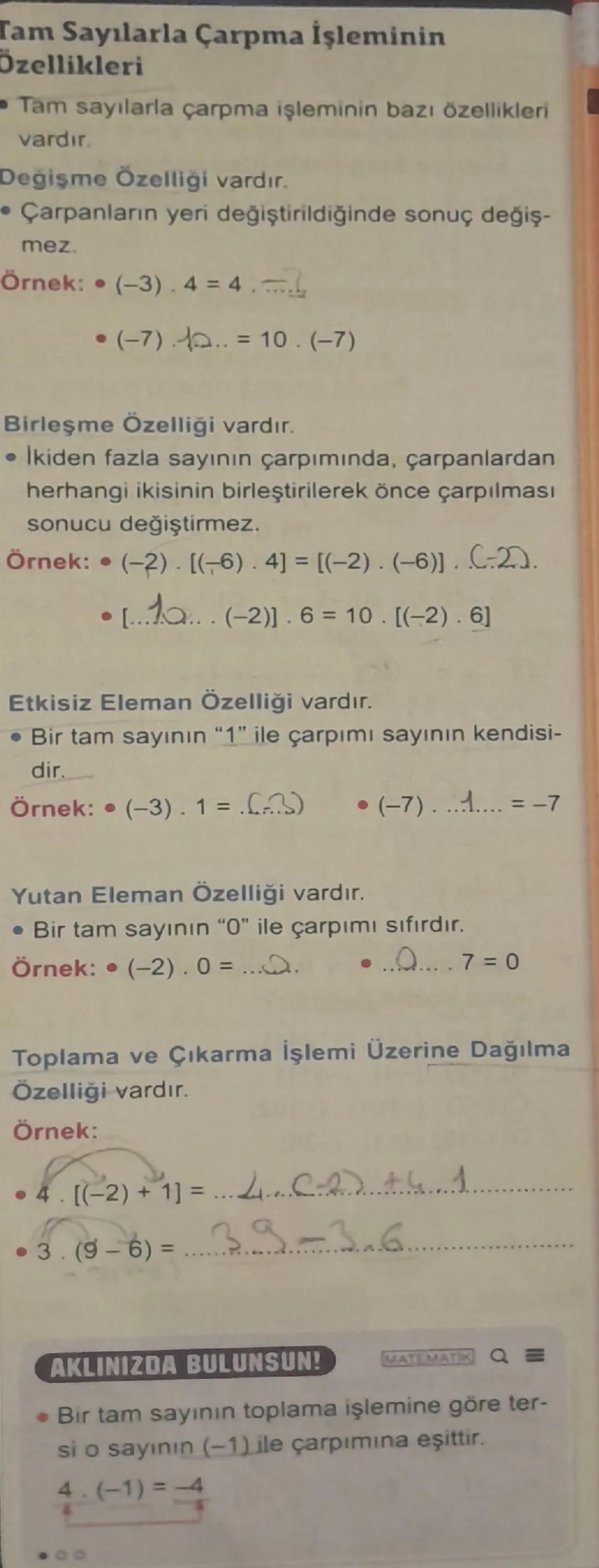 # Tam Sayılarla Çarpma İşleminin
Özellikleri
* Tam sayılarla çarpma işleminin bazı özellikleri
vardır.

Değişme Özelliği vardır.
* Çarpanlar