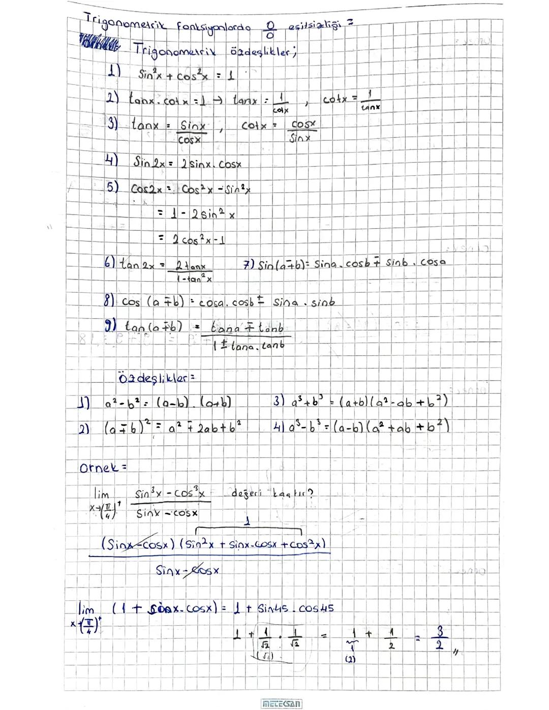 Matematik Özdeşlikler ve Formüller