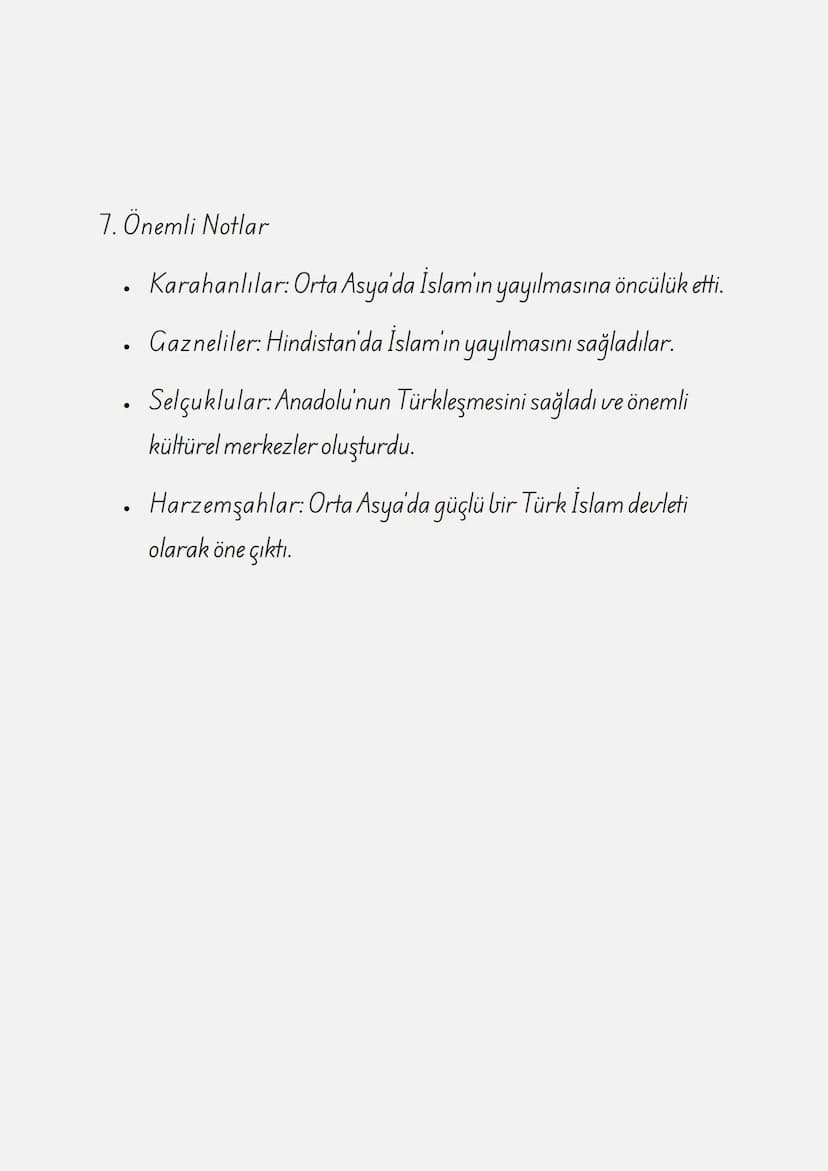 ÇALIŞMA KAĞIDI: İLK TÜRK
İSLAM DEVLETLERİ
1. İlk Türk İslam Devletlerinin Genel Özellikleri
Türkler, İslam'ı kabul ettikten sonra Orta Asya 