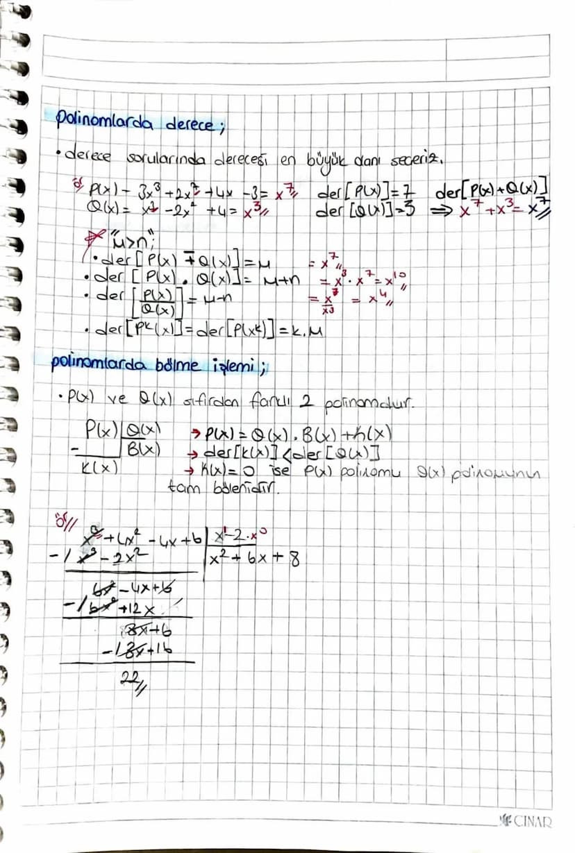 Polin
mar
* x Verin üstlerindeki sayılar doğal sayı
xx'in en
duak zorundadır
büyük kuvvefine polinomun derecesidir. (der [f(x))
* derecesi e