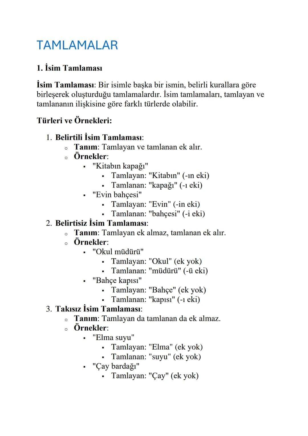 TAMLAMALAR
1. İsim Tamlaması
İsim Tamlaması: Bir isimle başka bir ismin, belirli kurallara göre
birleşerek oluşturduğu tamlamalardır. İsim t
