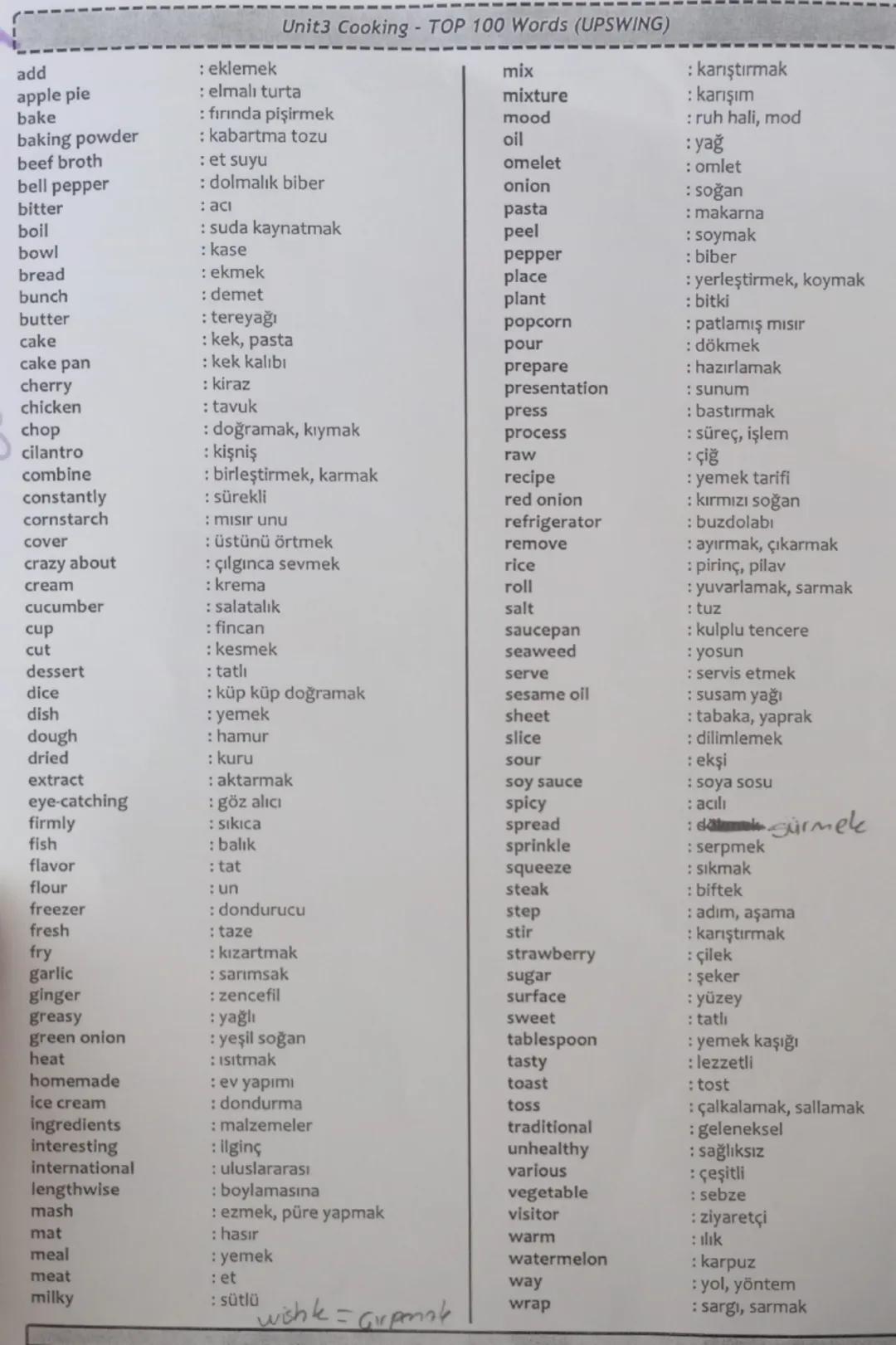 8. Sınıf İngilizce 3. Ünite: Cooking Ders Notları