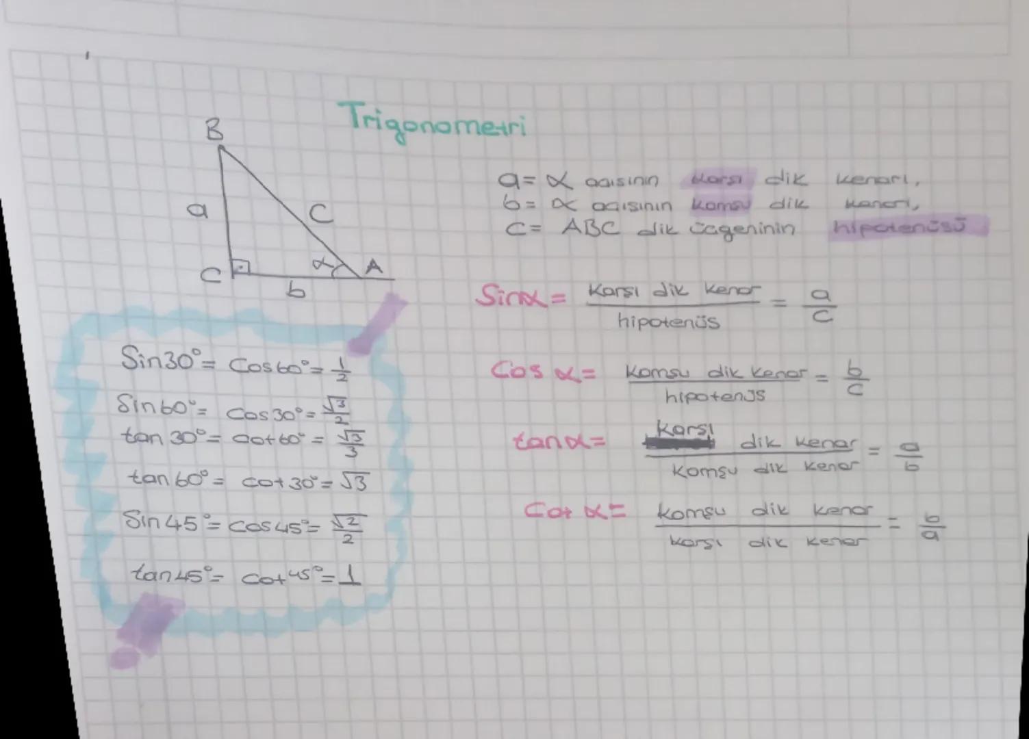 B
Trigonometri
a
C
CP
A
b
Sin30°= Cos 60°=$

Sin60°= Cos 30°=$

tan 30°= cot 60°=$

tan 60°= co+30°=53
Sin 45= cos 45°=$
2$
tan 45°= cotus=1