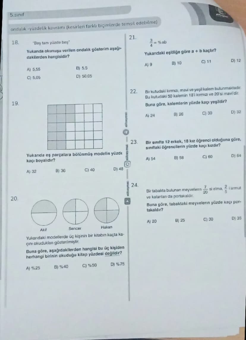 20.
5.sınıf
ondalık yüzdelik kavramı (kesirleri farklı biçimlerde temsil edebilme)
18. "Beş tam yüzde beş"
Yukarıda okunuşu verilen ondalık 