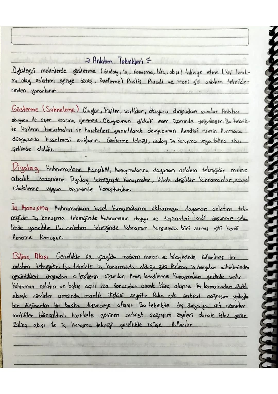 > Anlatım Teknikleri =
Öyküleyici metinlerde gösterme (dialog, ia, Konusma, tika, akışı) tahkiye etme (Krai tanıtı-
mi day anlatımi geriye d