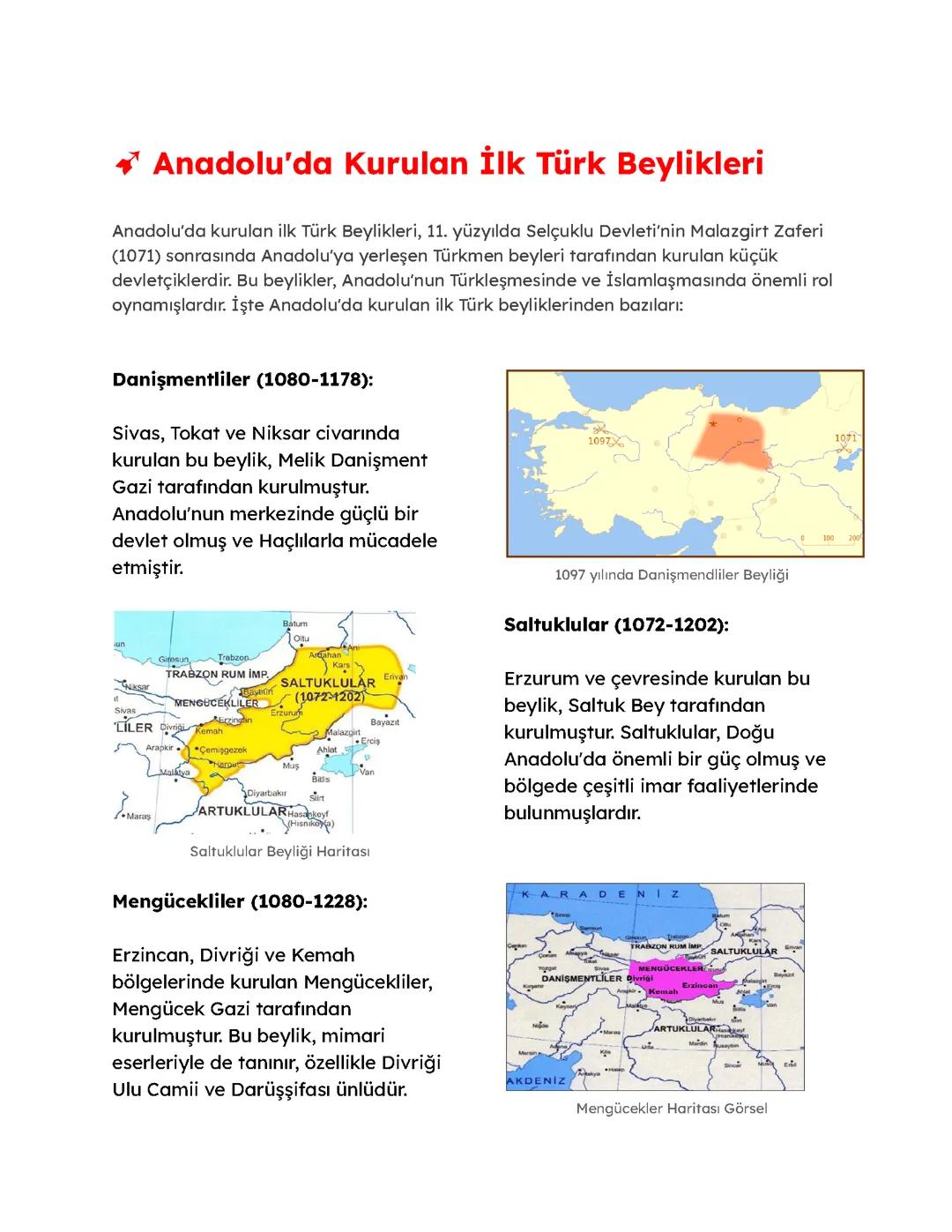 Anadolu'daki İlk Türk Beylikleri ve Coğrafi Konumları