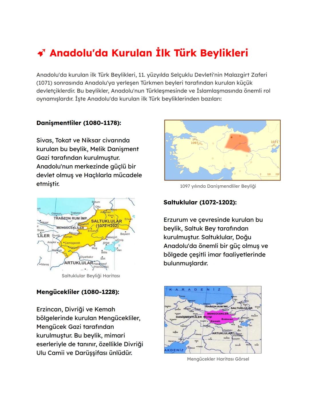 Anadolu'da kurulan İlk Türk Beylikleri
Anadolu'da kurulan ilk Türk Beylikleri, 11. yüzyılda Selçuklu Devleti'nin Malazgirt Zaferi
(1071) son