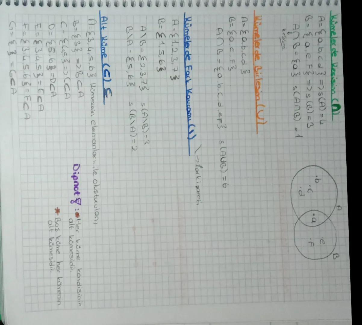 Kümelerde Kesisin (A)
A={a,b,cd} => s (A) = 4
B = { a. e. F}=> s (B) = 3
ANG=Eαξ SCANB) = 1
kesişm

Kümelerde Birleşim (U)
A=ab.co
B=Eo.e.F3
