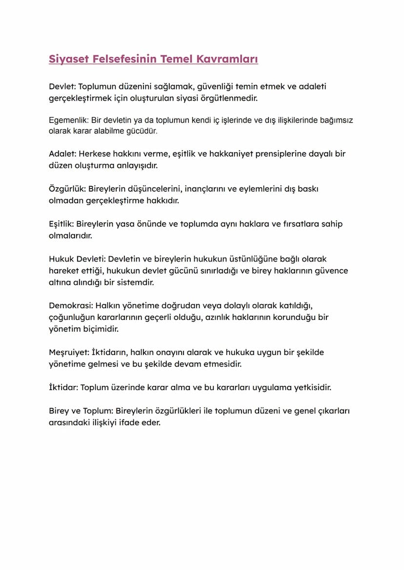 Siyaset Felsefesi
Siyaset felsefesi, devlet, hükümet, siyaset, özgürlük, adalet, haklar, yasa ve
otorite gibi konuları inceleyen bir felsefe