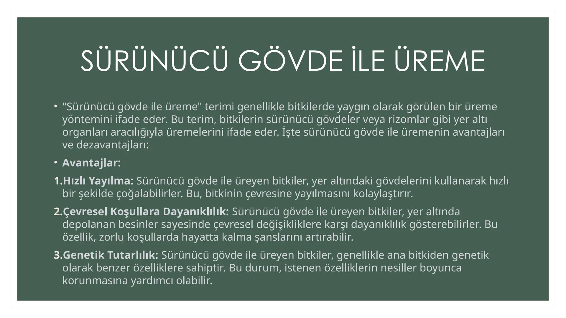 EŞEYSİZ ÜREME
YÖNTEMLERİNİN
CANLILAR
AÇISINDAN
AVANTAJ VE
DEZAVANTAJLARI EŞEYSİZ ÜREME ÇEŞİTLERİ
YUMRU GÖVDE
İLE ÜREME
VEJETATİF
ÜREME
SÜRÜN