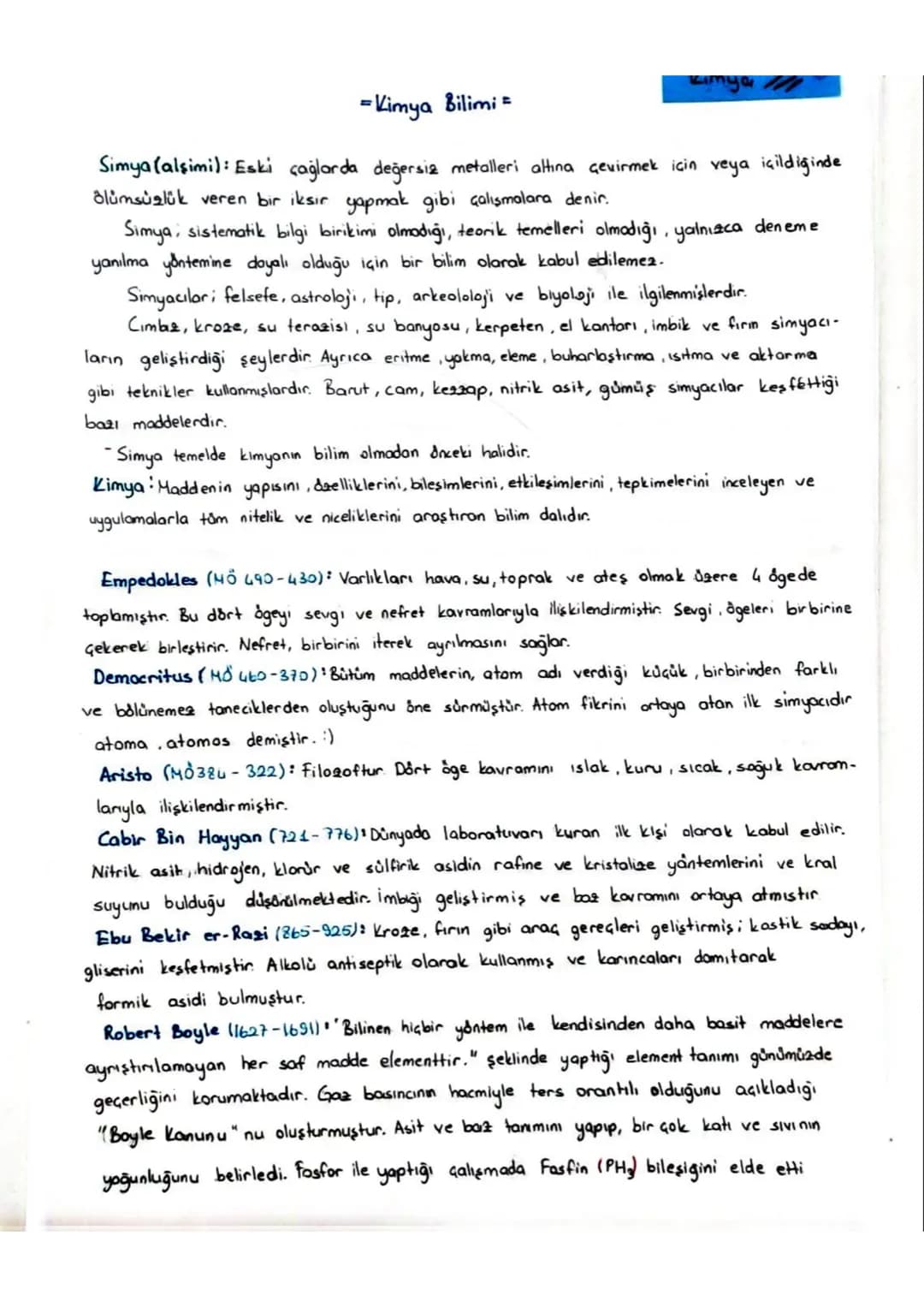 = Kimya Bilimi =
Kimya
Simya (alsimi): Eski çağlarda değersiz metalleri altına çevirmek için veya içildiğinde
Blümsüzlük veren bir iksir yap
