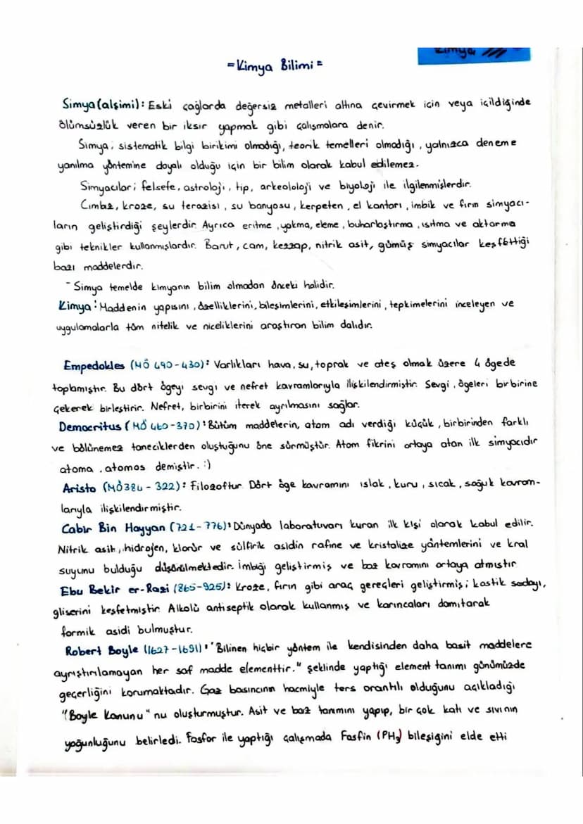 = Kimya Bilimi =
Kimya
Simya (alsimi): Eski çağlarda değersiz metalleri altına çevirmek için veya içildiğinde
Blümsüzlük veren bir iksir yap