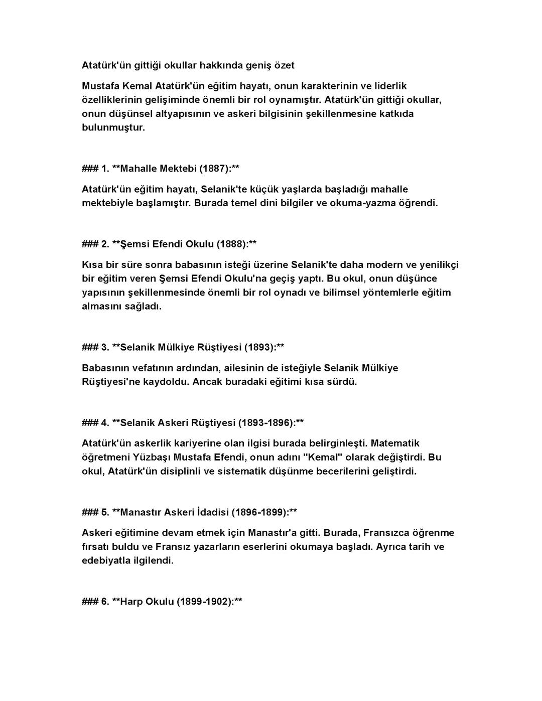 Atatürk'ün gittiği okullar hakkında geniş özet