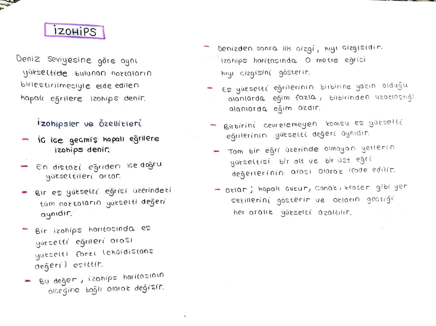 iZOHIPS
Deniz Seviyesine göre aynı
yükseltide bulunan noktaların
birleştirilmesiyle elde edilen
Kapalı eğrilere izohips denir.
izohipsler ve