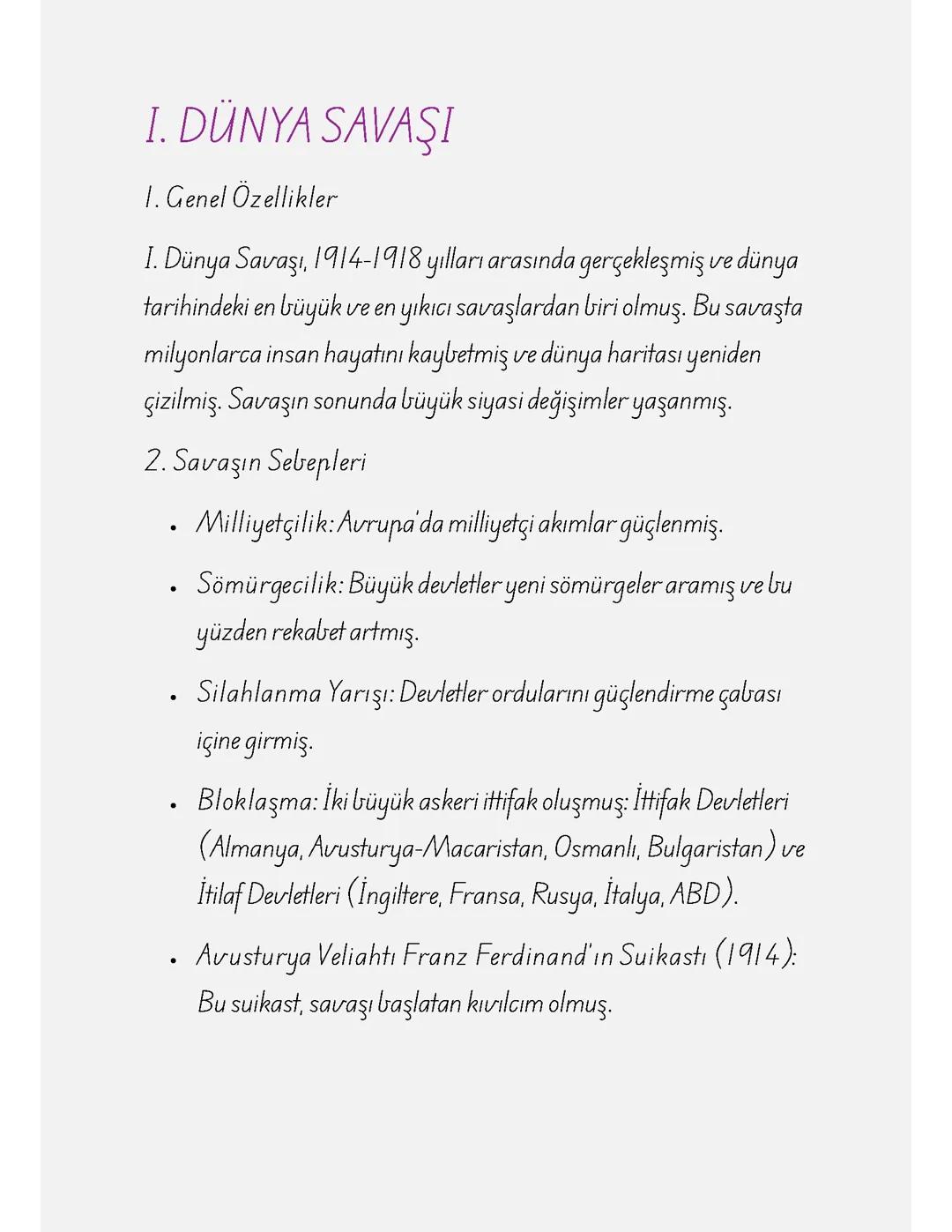 I. Dünya Savaşı Hakkında Kapsamlı Özet Çalışma Kağıdı