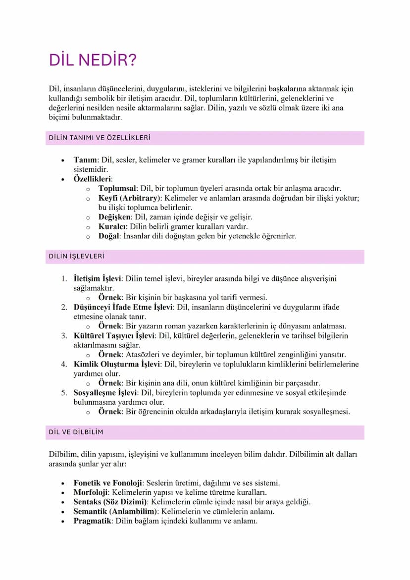 DİL NEDİR?
Dil, insanların düşüncelerini, duygularını, isteklerini ve bilgilerini başkalarına aktarmak için
kullandığı sembolik bir iletişim