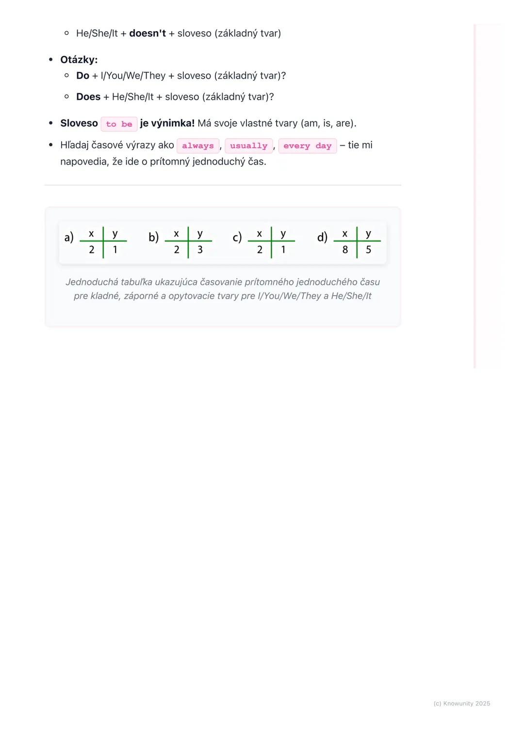 # Prítomný jednoduchý čas
(Present Simple)

1. Prehľad prítomného jednoduchého
času

Prítomný jednoduchý čas (po anglicky Present Simple) po