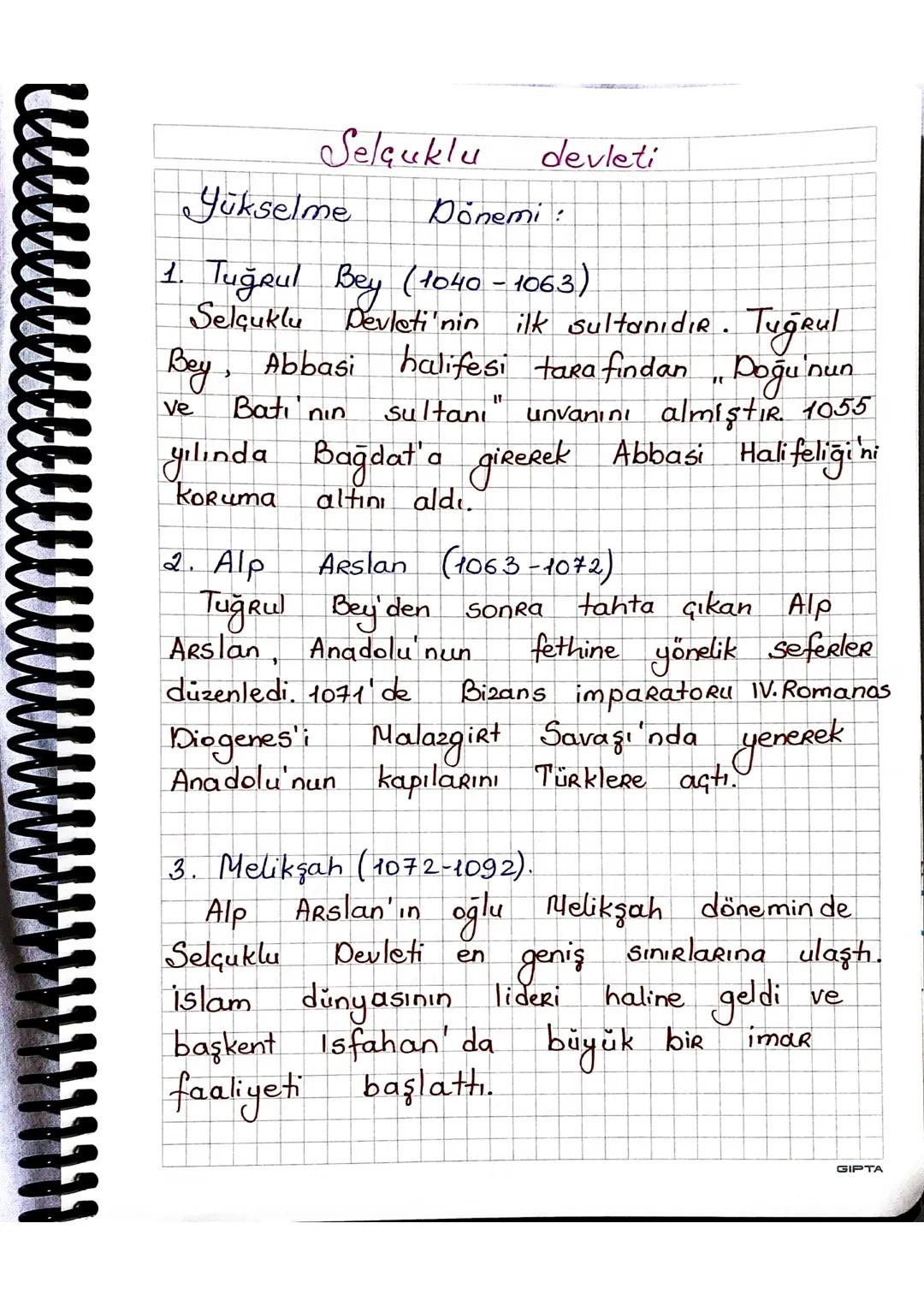 Selçuklu
devleti
Yükselme Dönemi:
1. Tuğrul Bey (1040 - 1063)
Selçuklu Devleti'nin ilk sultanıdır. TuğRul
Bey, Abbasi halifesi tarafindan „D