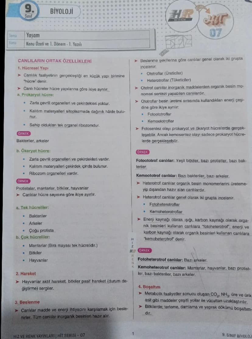 9.
Sınıf
BİYOLOJİ
Tema
Konu
Yaşam
Konu Özeti ve 1. Dönem 1.Yazılı
HR
HIT VE RENK
AUT
07
CANLILARIN ORTAK ÖZELLİKLERİ
1. Hücresel Yapı
➤ Canl