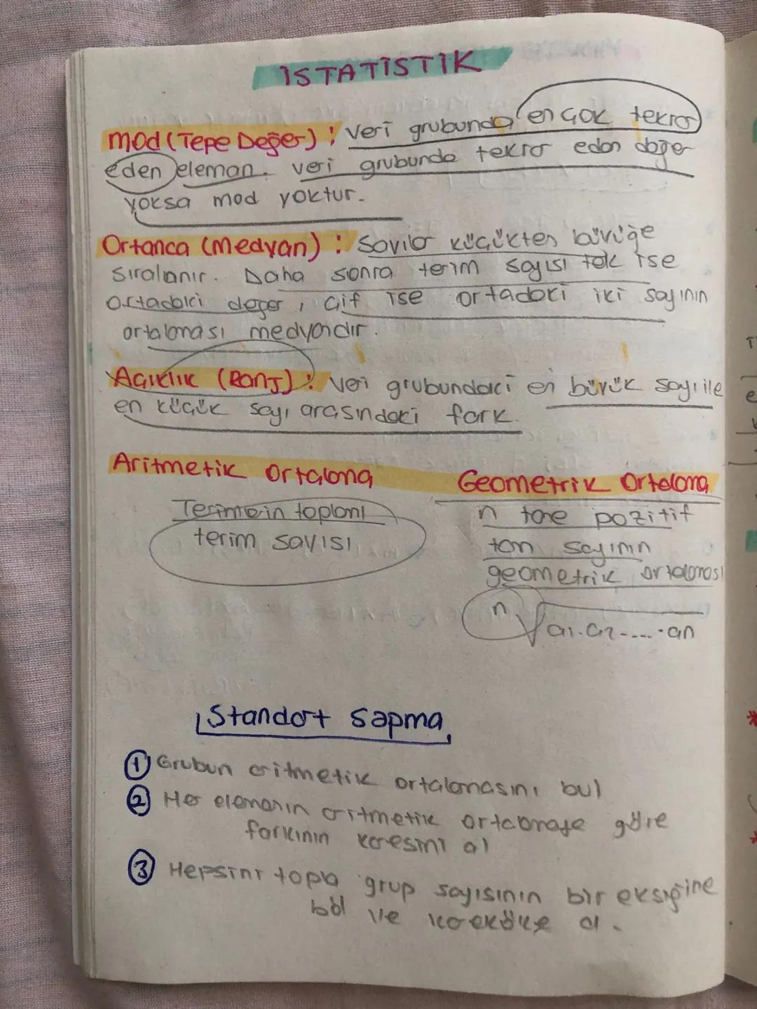 ISTATISTIK
mod (Tepe Değer); Veri grubunda en çok tekros
eden eleman. veri grubunde tekrar eden değe
yoksa mod yoktur.
Ortanca (Medyan): Sov