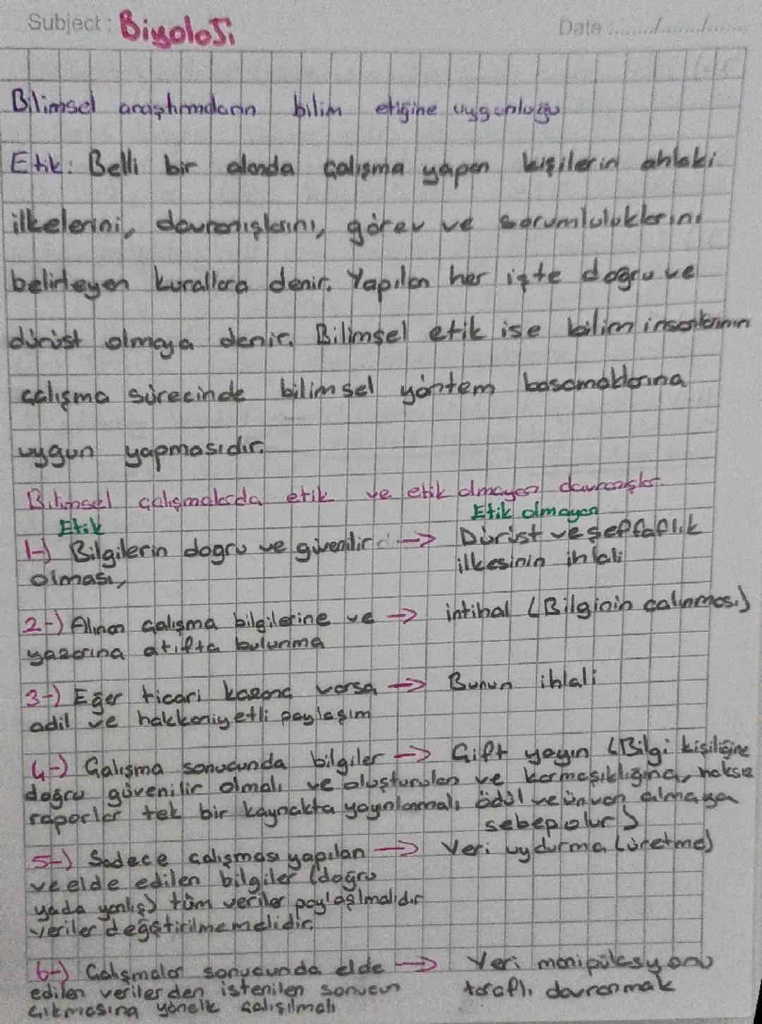 9. Sınıf biyoloji bilimsel araştırmanın bilim etiğine uygunluğu konusu notları