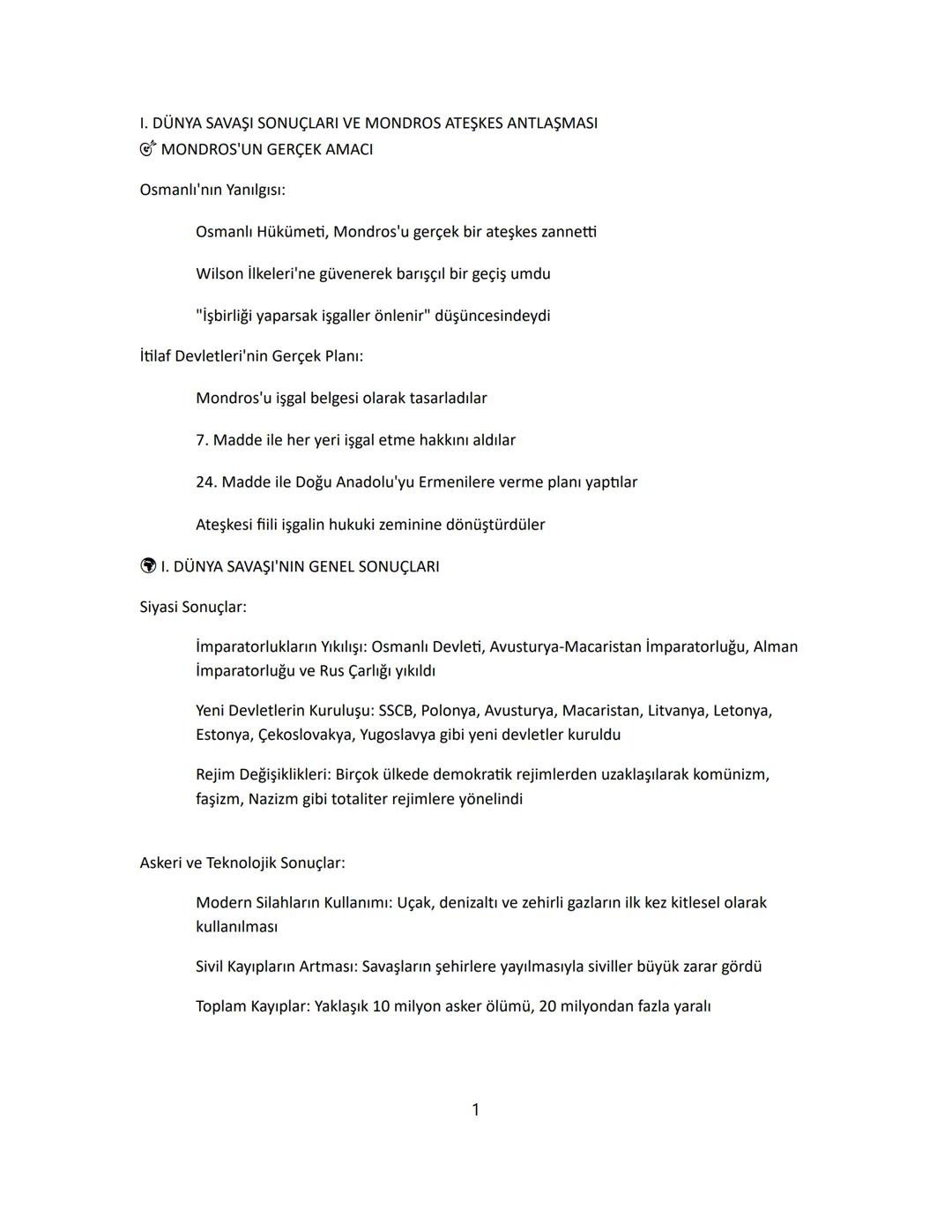 1 DÜNYA SAVAŞIN SONUÇLARI