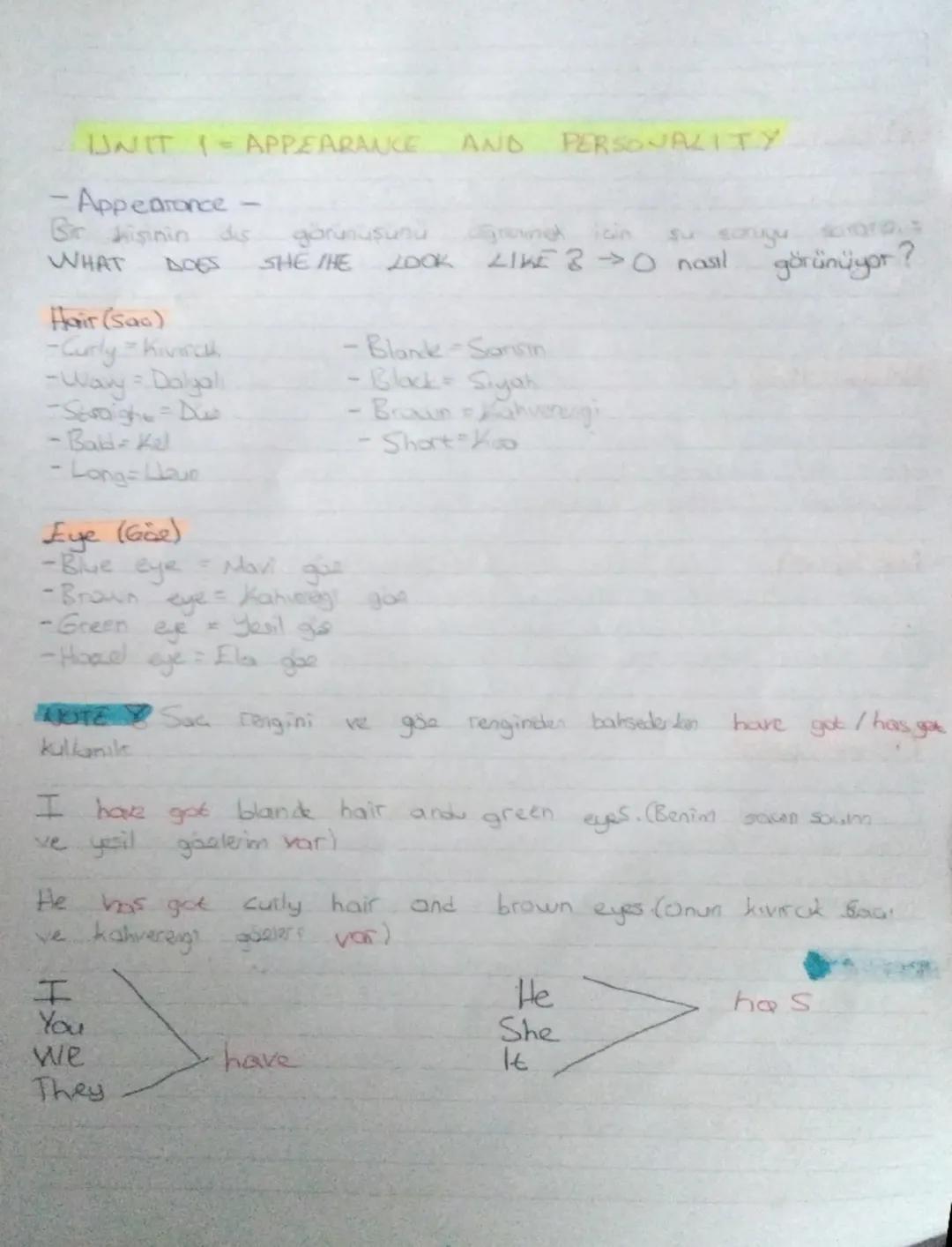 UNIT 1=APPEARANCE AND PERSONALITY
-Appearance
Bir kişinin dis
WHAT
4065
Hair (saa)
görünüşunu
graine
su sorgu
SHE THE
LIKE 30 nasıl
görünüyo