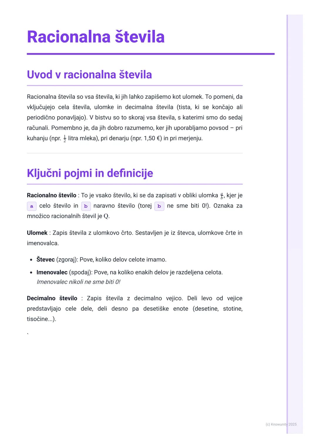 # Racionalna števila

Uvod v racionalna števila

Racionalna števila so vsa števila, ki jih lahko zapišemo kot ulomek. To pomeni, da
vključuj