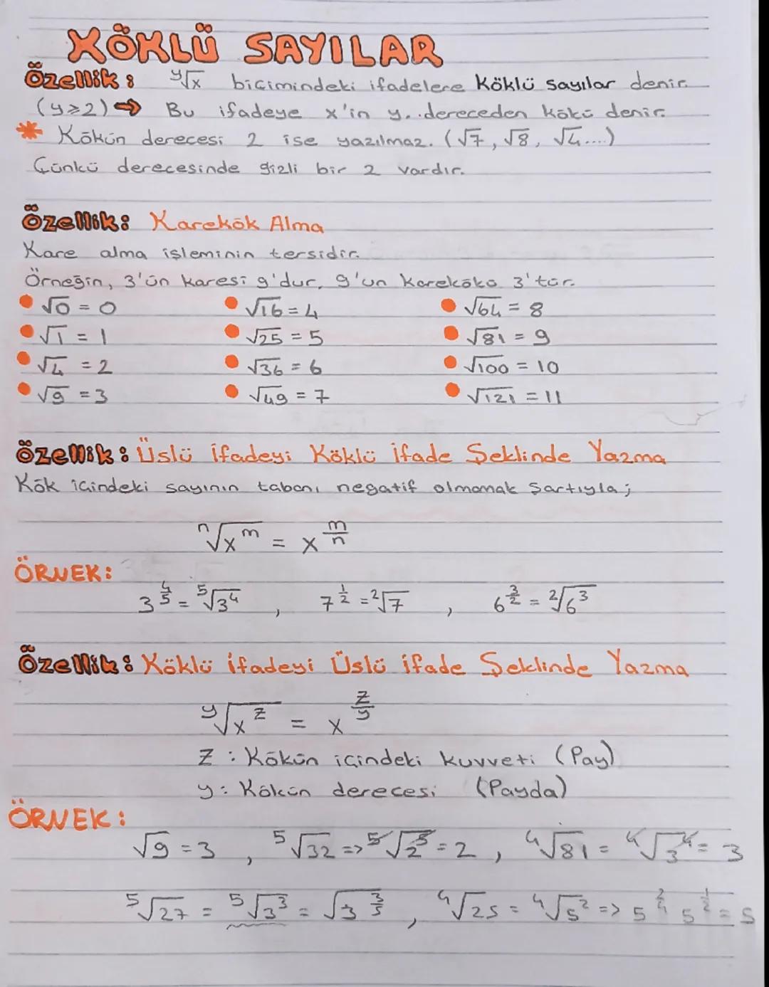 # KÖKLÜ SAYILAR

Özellik: $\sqrt[y]{x}$ biçimindeki ifadelere Köklü sayılar denir
(y>2) $\rightarrow$ Bu ifadeye x'in y..dereceden kökü deni