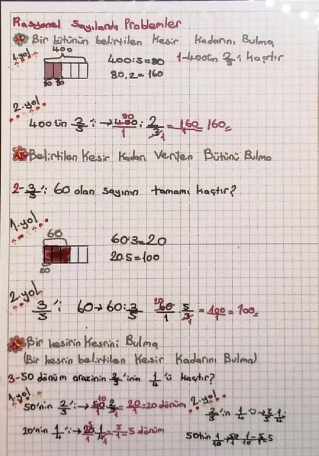 Rasyonel Sayılarda Problemler

Bir bütünün belirtilen Mesir Hadanını Bulma
400
400:5-80 1-4000m $\frac{3}{5}$ haştır
80.2-160

2.yol.
400 tü