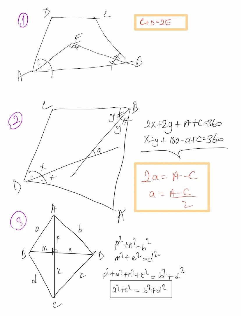 نر
d
0
a
3
し
A
A
E
na
E
4+0=2E
2x+2y+A+C=360
Xty + 180-9+c=360
Да=ас
a = A-C
2
p²+n² = b²
'D m² +4²=d²
2
p²+m² +n²+k² = b²+d²
al+c² = b²+d2 