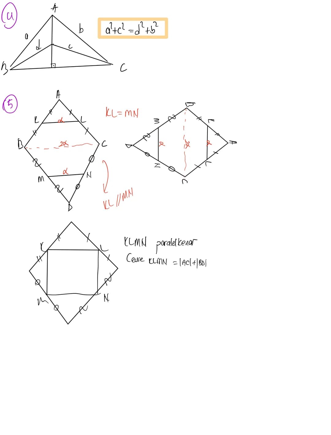 نر
d
0
a
3
し
A
A
E
na
E
4+0=2E
2x+2y+A+C=360
Xty + 180-9+c=360
Да=ас
a = A-C
2
p²+n² = b²
'D m² +4²=d²
2
p²+m² +n²+k² = b²+d²
al+c² = b²+d2 