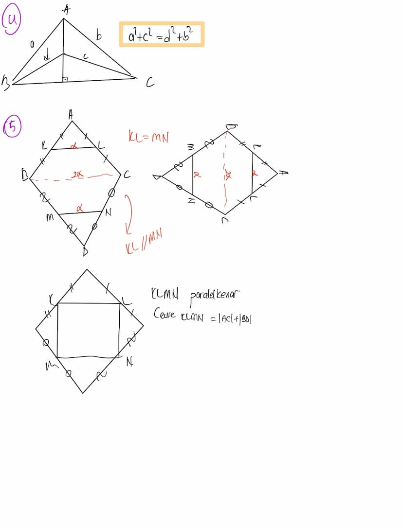 نر
d
0
a
3
し
A
A
E
na
E
4+0=2E
2x+2y+A+C=360
Xty + 180-9+c=360
Да=ас
a = A-C
2
p²+n² = b²
'D m² +4²=d²
2
p²+m² +n²+k² = b²+d²
al+c² = b²+d2 