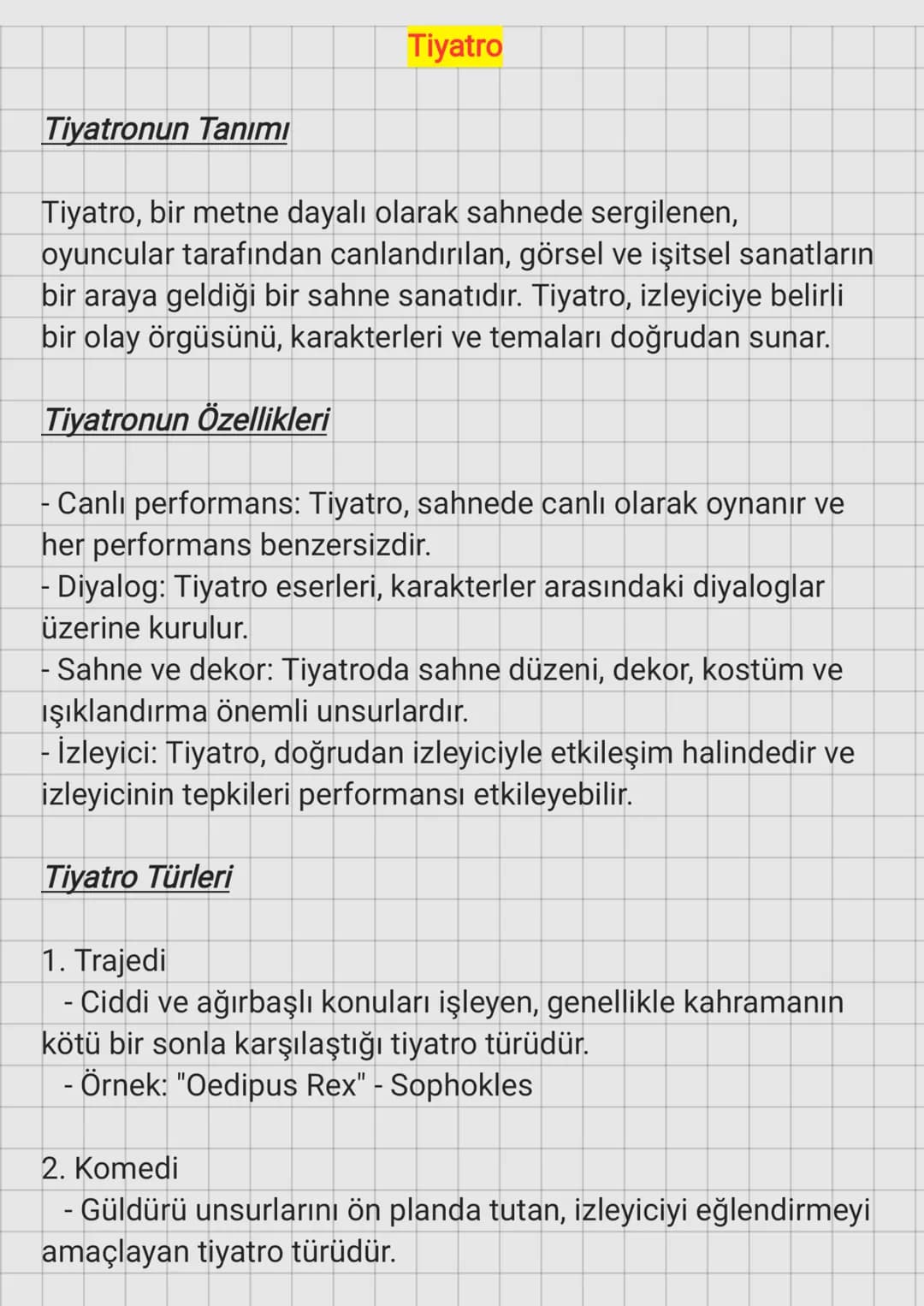 Tiyatronun Tanımı
Tiyatro
Tiyatro, bir metne dayalı olarak sahnede sergilenen,
oyuncular tarafından canlandırılan, görsel ve işitsel sanatla