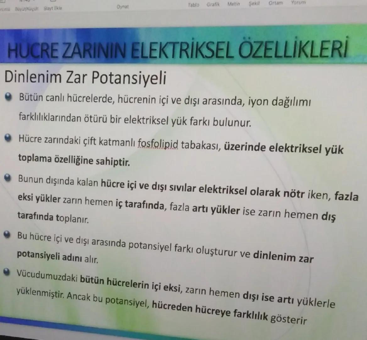 rüntü Büyüt/Küçült Slayt Ekle
Oynat
Tablo
Grafik Metin
Şekil Ortam Yorum
HUCRE ZARININ ELEKTRİKSEL ÖZELLİKLERİ
Dinlenim Zar Potansiyeli
◆ Bü