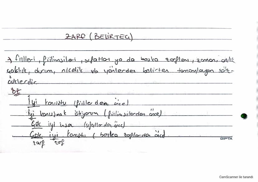 7
ZARE (BELİRTEG)
filleri,
,fiilimsileri, sıfatlar yo da basko zarfler, zorion, Ozlık
çoklijk, durum, nicelik vb. yoilerden belirten tomonla