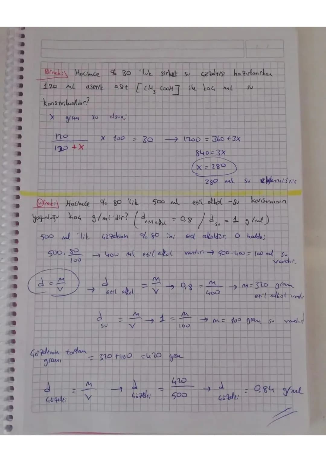 - Hacimce Yüzde
Derisim
Gözeltilerde genel olarak
Gözünen maddenin
hacimce miktori
olarak
100 ml
kabul edilir
Sul
Gozeleide
(%) Hacimle yüzd