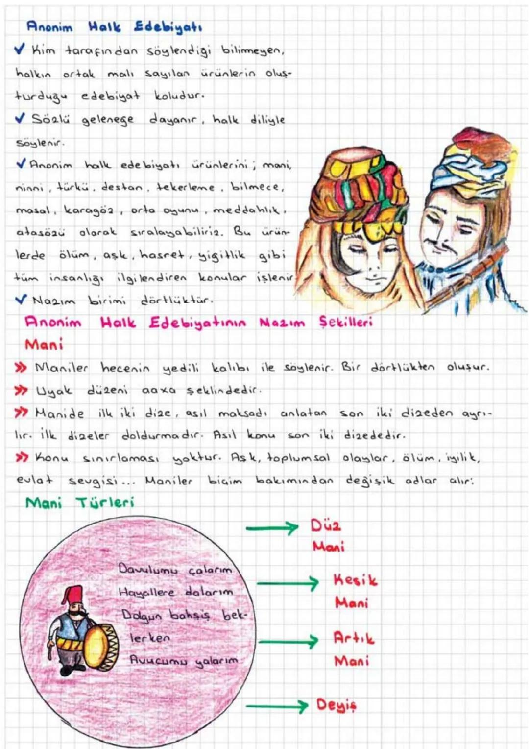 Anonim Halk Edebiyatı
Kim tarafından söylendiği bilinmeyen,
halkın ortak mali sayılan ürünlerin olus-
turduğu edebiyat koludur.
✔Sözlü gelen