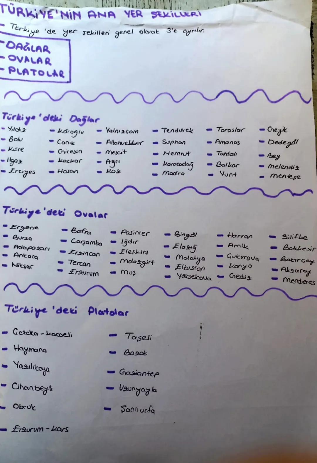 TÜRKİYE'NİN ANA YER ŞEKİLLERİ
- Türkiye
'de yer şekilleri genel olarak 3'e ayrılır.
-DAĞLAR
-OVALAR
-PLATOLAR

Türkiye'deki Dağlar
- Yıldız
