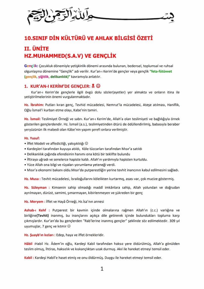 والله الرحمن الرحيم
10.SINIF DİN KÜLTÜRÜ VE AHLAK BİLGİSİ ÖZETİ
II. ÜNİTE
HZ.MUHAMMED(S.A.V) VE GENÇLİK
Gençlik: Çocukluk dönemiyle yetişkin