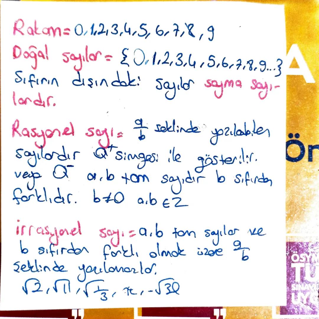 Rakam = 0,1,2,3,4,5,6,7,8,9
Doğal Sayılar = {0,1,2,3,4,5,6,7,8,9... 3 A
Sıfırın dışındaki sayılar sayma sayı-
lardır.
Rasyonel sayl: & sekli