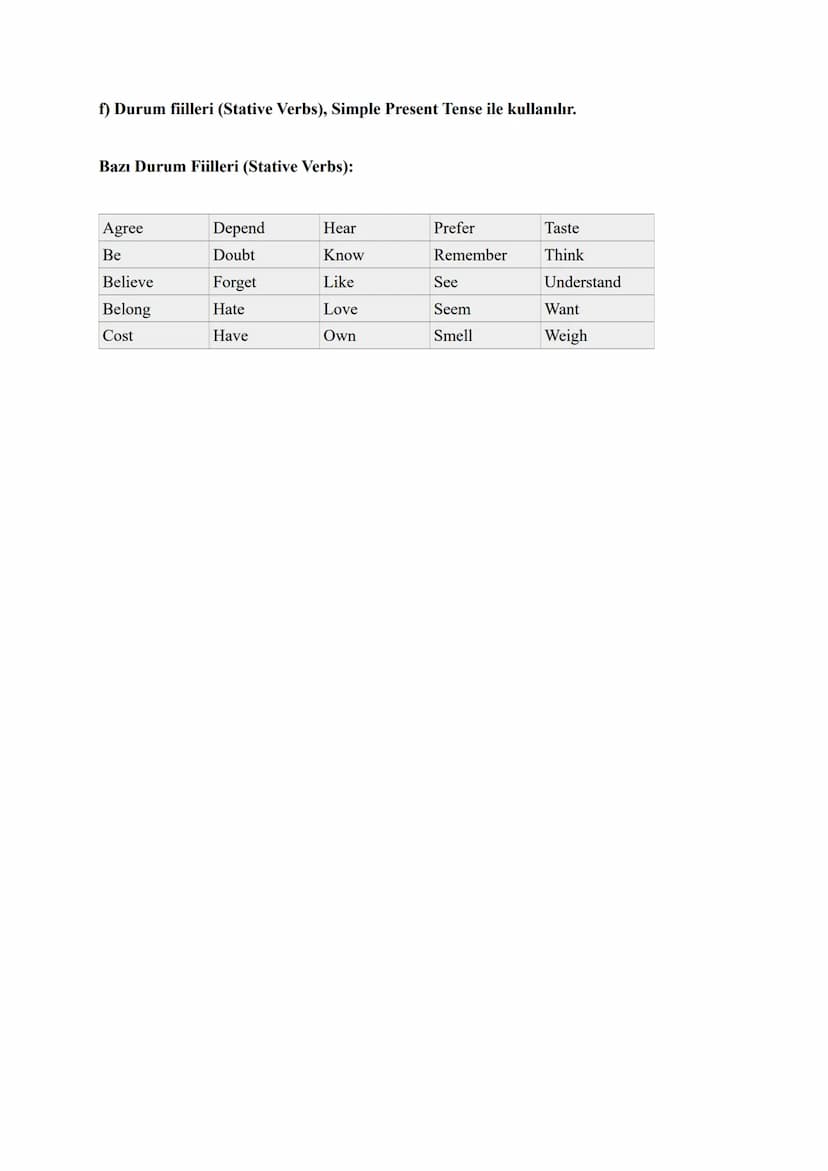 1) SIMPLE PRESENT TENSE
TENSES
SIMPLE PRESENT TENSE CÜMLE YAPISI
Olumlu Cümle (Affirmative):
Subject (Özne)
I
You
We
They
He
She
It
Verb (Fi