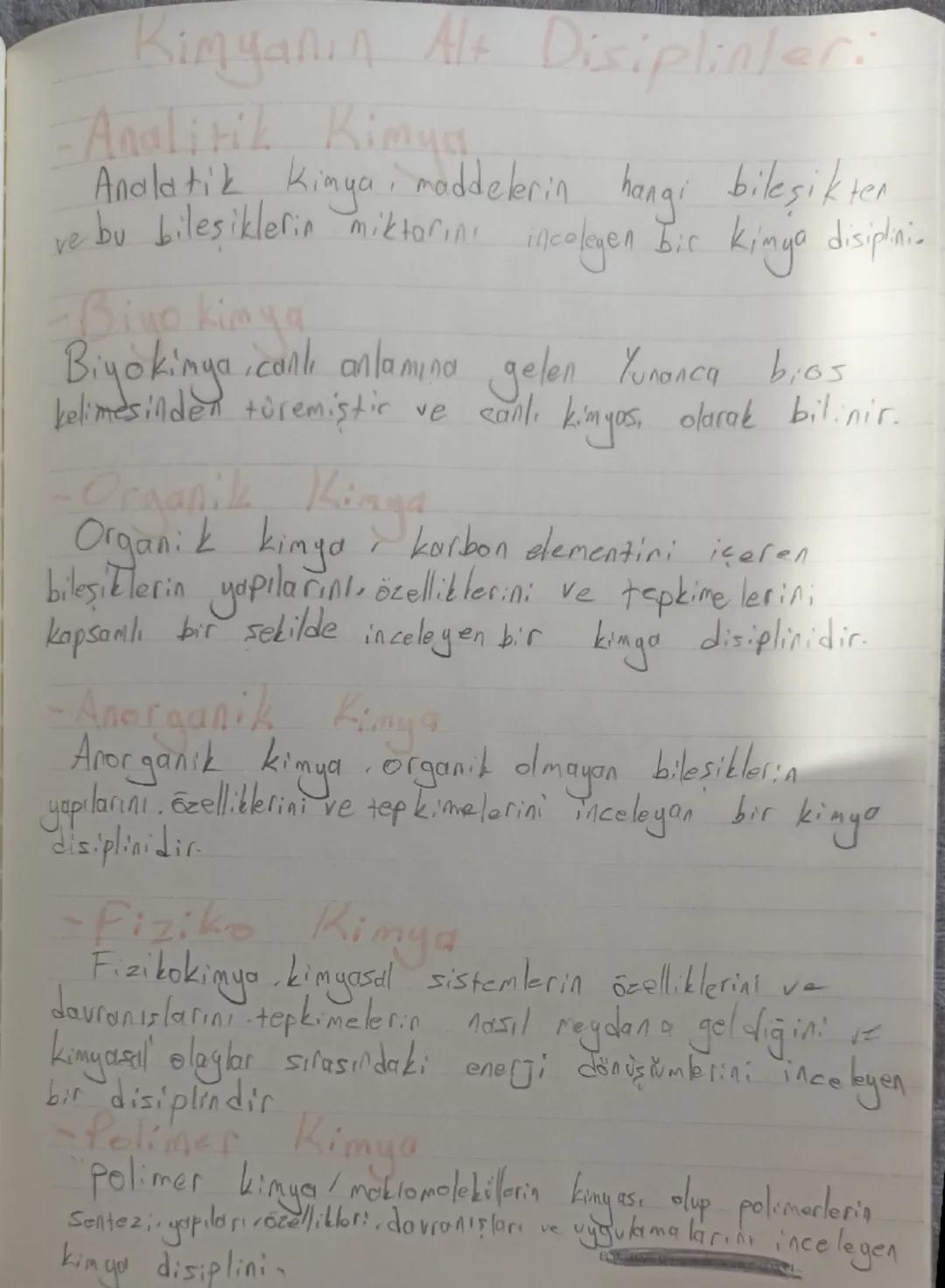 # Kimyanın Alt Disiplinleri:

- **Analitik Kimya**
Analitik kimya, maddelerin hangi bileşikten ve bu bileşiklerin miktarını inceleyen bir ki