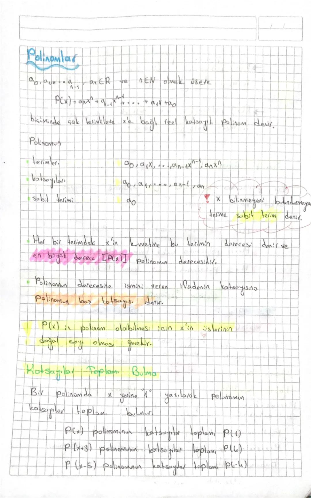 # Polinomlar

$a_0, a_1, ..., a_n \in \mathbb{R}$ ve $n \in \mathbb{N}$ olmak üzere

$P(x) = a_nx^n + a_{n-1}x^{n-1} + ... + a_1x + a_0$

bi