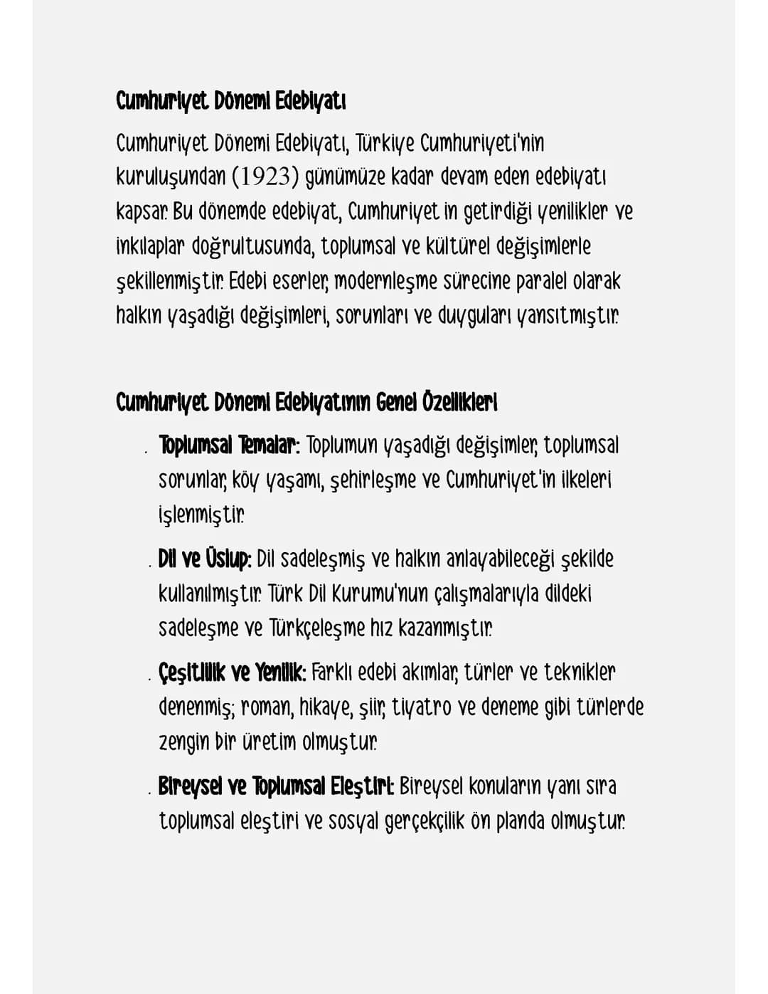 Cumhuriyet Dönemi Edebiyatı ve Yazarları - Eğlenceli PDF Notları