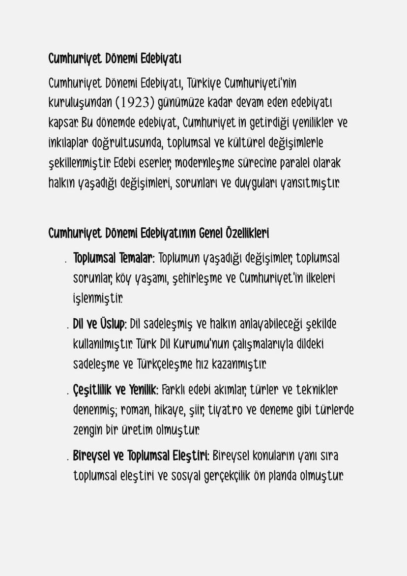 Cumhuriyet Dönemi Edebiyatı
Cumhuriyet Dönemi Edebiyatı, Türkiye Cumhuriyeti'nin
kuruluşundan (1923) günümüze kadar devam eden edebiyatı
kap